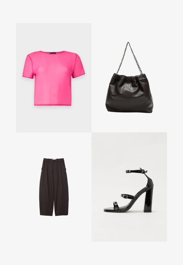 Tričko s krátkymi rukávmi, skrátené, v jasnej ružovej farbe, vyrobené z ľahkého hladkého materiálu s okrúhlym výstrihom a bez viditeľných vzorov alebo akcentov.; Čierne široké nohavice vyrobené z hladkej tkaniny, s vysokým pásom, prednými skladmi a bočnými vreckami. Jednoduchý dizajn bez ozdôb.; Čierne lakované sandále na podpätku so štvorcovou špičkou, navlečenými remienkami okolo členku a striebornými prackami. Disponujú masívnym blokovým podpätkom pre stabilitu.; Hnedá kožená taška so zberaným vrchom a reťazovým popruhom. Hladký povrch s lesklým finišom a jemným švom po stranách.