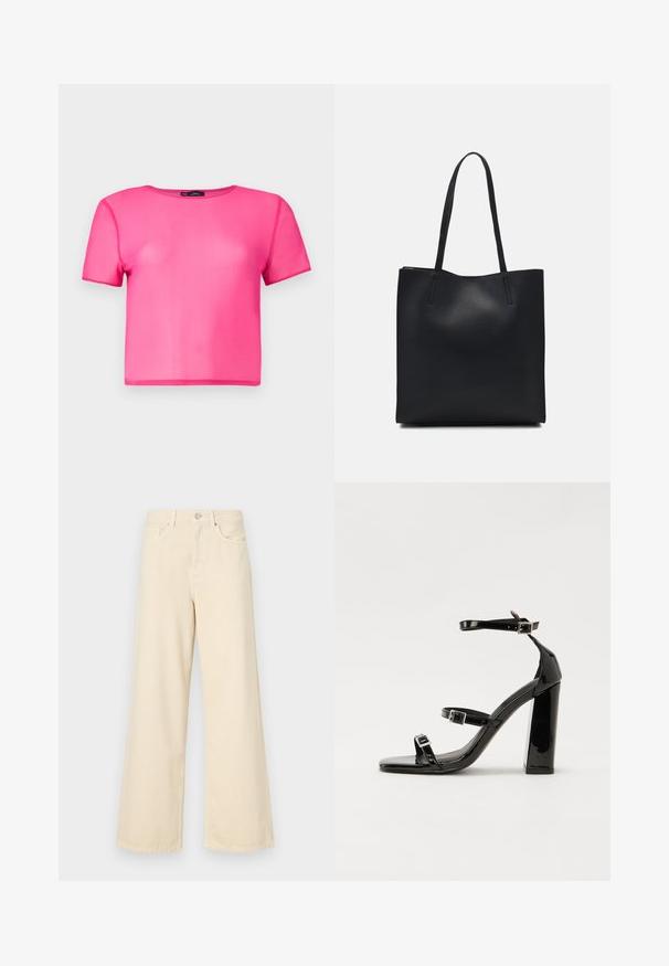 Majica s kratkim rukavima, skraćena, u jarkoj ružičastoj boji, izrađena od laganog, glatkog materijala s okruglim izrezom i bez vidljivih uzoraka ili akcenta.; Bež traperice širokih nogavica napravljene od pamuka. Imaju zatvaranje na dugme, petlje za remen i prednje džepove s glatkom, mekanom teksturom.; Crne lakirane sandale na pete sa kvadratnim nosom, trakama oko gležnja i srebrnim kopčama. Imaju čvrst blok petu za stabilnost.; Crna kožna torba za nošenje s glatkom teksturom, pravokutnim oblikom i dvije duge ručke. Nema vidljivih metalnih dijelova ili ukrasa.
