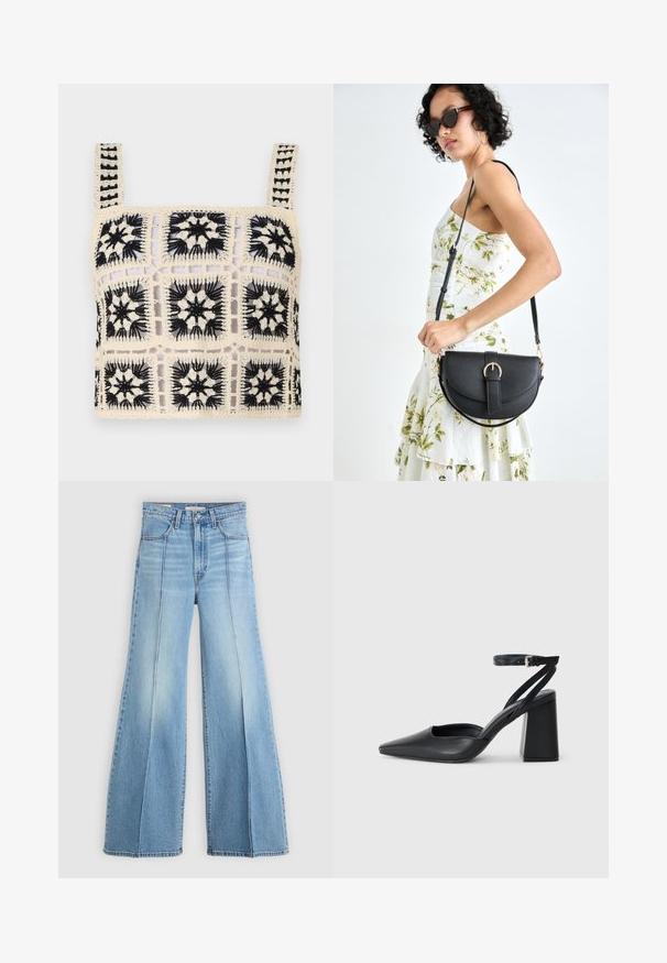 Heklet crop top med en kremfarget base og svart blomstermønster, firkantede motiver og justerbare stropper. Åpen vevdesign tilfører tekstur.; Lyseblå høytlivsjeans med vide ben, front- og baklommer, beltehemper og vertikale sømdetaljer foran.; Svart lær pumps med spiss tå, ankelrem og kraftig hæl. Flat tekstur, strømlinjeformet design og minimalisme.; Svart lærveske med en buet form, avtagbar stropp og gullbeslag. Vesken har et klaff med spenne-detall.