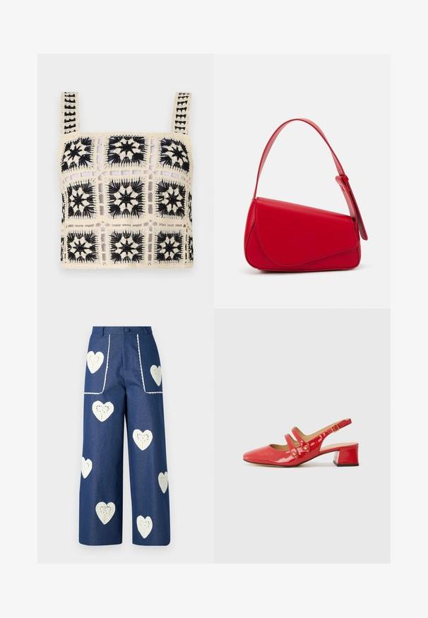 Skrócony top na szydełku z kremowym tłem i czarnymi haftami kwiatowymi, kwadratowymi motywami i regulowanymi ramiączkami. Otwarta struktura nadaje teksturę.; Sister Jane HEART TO HEART niebieski denim; Czerwone lakierowane buty slingback z wąskim noskiem, dwustratowa konstrukcja z okrągłymi akcentami oraz niskim obcasem w kształcie bloku.; Czerwona skórzana torebka o kanciastym, geometrycznym designie. Posiada jedną regulowaną rączkę oraz zapięcie na klapę z przeszyciami.