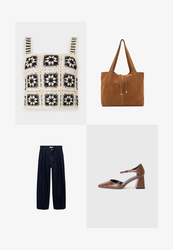 Kvačkani crop top s kremasto osnovom i crnim cvjetnim vezom, kvadratnim motivima i podesivim trakama. Otvoreni uzorak dodaje teksturu.; Tamno plave široke hlače s plisama na struku, s prednji gumbom i petljama za remen. Glatka tekstura i dizajn punih dužina.; Smeđe lakirane cipele s kvadratnim vrhom, teksturiranim krokodil uzorkom, remenom oko zapešća s zlatnom kopčom i debljim potplatom.; Smeđa antilop torba za ruke s dva duga remena, zatvaranje na vezicu i minimalistički dizajn. Glatka tekstura i bez vidljivih metalnih elemenata.