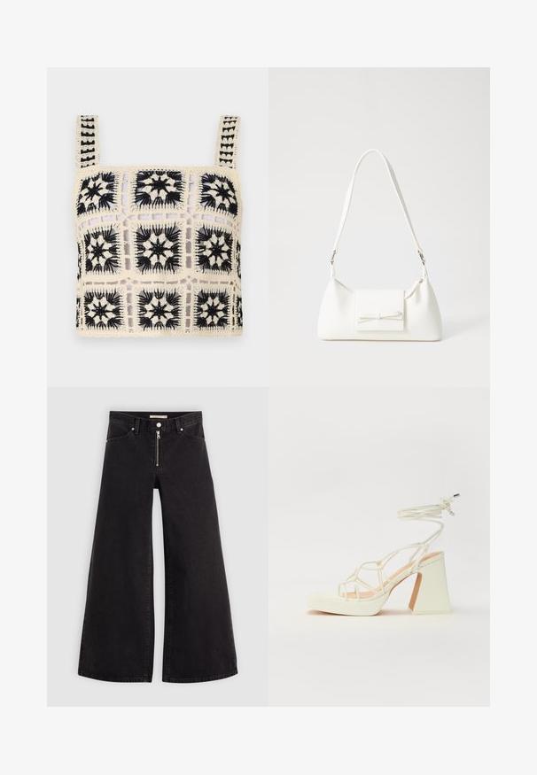 Top cropped em crochet com base creme e bordado floral preto, motivos quadrados e alças ajustáveis. O design de malha aberta adiciona textura.; Calças de ganga de perna larga em denim preto com fecho éclair à frente, design de cinco bolsos e detalhes de costura subtil. Textura suave e estilo casual.; Sandálias brancas de salto alto com um salto robusto, apresentando um design com tiras e amarração no tornozelo. Textura suave com uma plataforma na frente para altura adicional.; Mala sintética branca com formato triangular, aba frontal plana e detalhe de laço, alça ajustável, textura suave e design minimalista.