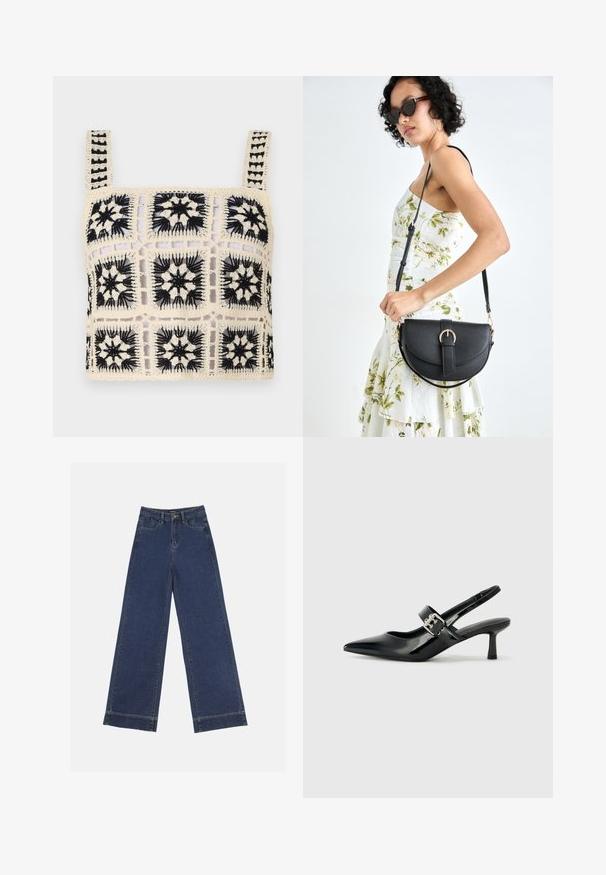 Heklet crop top med en kremfarget base og svart blomstermønster, firkantede motiver og justerbare stropper. Åpen vevdesign tilfører tekstur.; Videbenede dressbukser i mørkeblå denim. Har fem lommer, beltestropper og en rå kant i bunden med synlige stikninger.; Svarte patent lær slingback hæler med spiss tå og en liten blokkheel, med en sølvspenne som detalj på stroppen.; Svart lærveske med en buet form, avtagbar stropp og gullbeslag. Vesken har et klaff med spenne-detall.