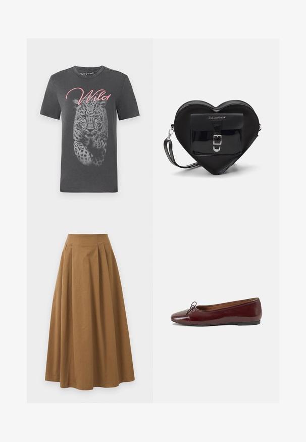 Grijze t-shirt met korte mouwen met een grote luipaardafbeelding en "Wild" in roze schrift. Gemaakt van zachte katoen met een ronde hals.; Bruine katoen A-lijn rok met een hoge taille, voorzien van plooien aan de voorkant en een gladde textuur. De zoomafwerking is schoon en eenvoudig.; Bordeaux gepatenteerd lederen ballerina met een ronde neus, een klein strikaccent aan de voorkant en een lage, zwarte rubberen zool. Glad textuur.; Zwarte hartvormige tas van patenta leder met een voorvak met een gesp-sluiting en een afneembare schouderriem. Accenten van zilver hardware.