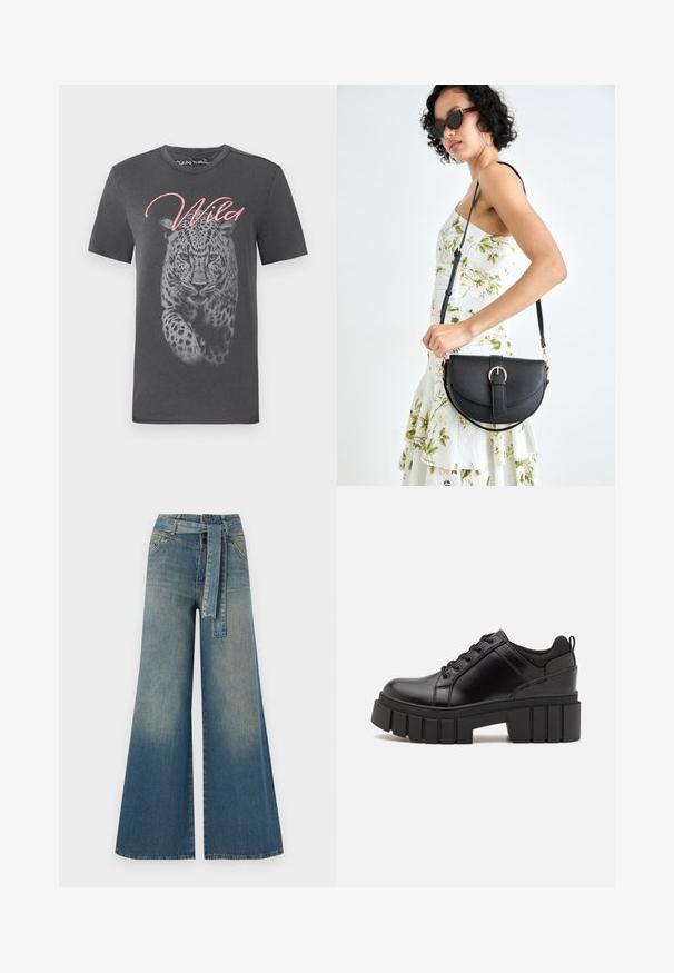 Šedé tričko s krátkym rukávom, na ktorom je veľká grafika leoparda a nápis "Divoký" v ružovej kaligrafii. Vyrobené z mäkkého bavlneného materiálu s klasickým okrúhlym výstrihom.; Džínsy s širokými nohavicami, ktoré majú prechod od svetlomodrej po tmavomodrú, vysoký pás, pútka na opasok a opasok z rovnakého materiálu. Textúrovaný denimový povrch.; Čierne kožené platformy s masívnym blokovým podpätkom, okrúhlou špičkou a tradičným šnurovaním. Má hladký povrch a minimálne detaily.; Čierna kožená kabelka s zaobleným tvarom, odnímateľným popruhom a zlatými doplnkami. Kabelka má klopu s detailom s prackou.