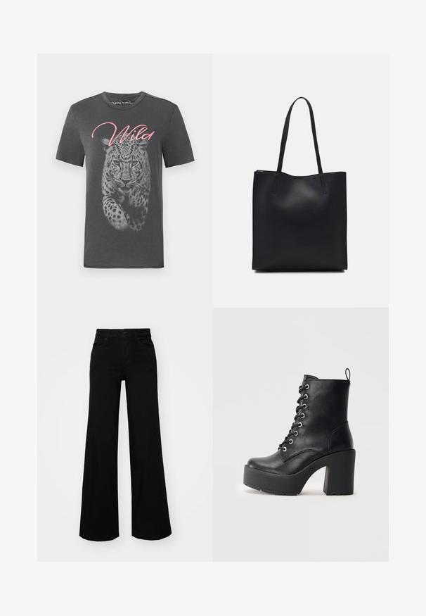 Grå kortärmad t-shirt med en stor leopardgrafik och "Wild" i rosa skrivstil. Tillverkad av mjuk bomull med rundad halsringning.; Svarta vida byxor i denim, med en strukturerad midja, bältesöglor och framfickor. Slät textur med en klassisk design.; Svart läderankelboot med en kraftig blockklack, snörning framtill och texturerad yta. Har en flik på baksidan för enkel påtagning.; Svart lädertoffelväska med slät textur, rektangulär form och två långa handtag. Ingen synlig hårdvara eller dekorationer.