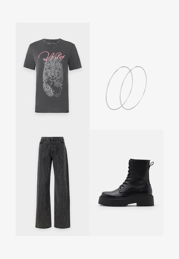 Pelēka īsām piedurknēm T-krekls ar lielu leopardu grafiku un vārdu "Wild" rozā rakstībā. Izgatavots no mīkstas kokvilnas ar apaļu kakla izgriezumu.; Noisy May NMJANNEL LOOSE - Brīva piegriezuma džinsi - black denim; Melni ādas potītēm zābaki ar apļveida purngalu, auklām priekšpusē un biezu gumijas zoli ar teksturētu protektoru. Velkšanas cilpa aizmugurē.; Sudraba gredzenveida auskari ar minimālistisku dizainu. Cirkulāra forma, gluda tekstūra un plāns profils. Vieglu svaru ar spīdīgu apdari.