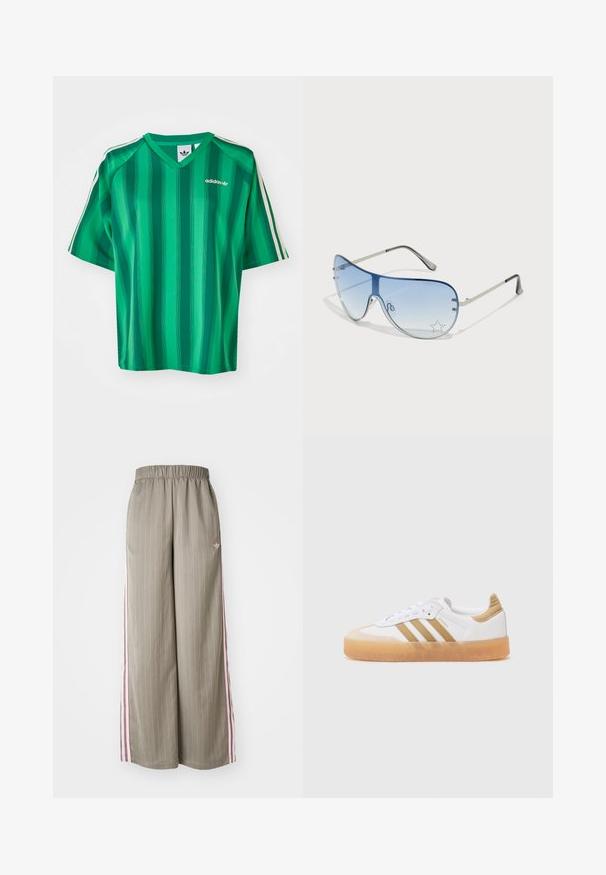 Camisola Adidas verde às riscas com decote em V, mangas curtas, três riscas brancas nos ombros e um pequeno logo no peito. Textura suave.; Calças largas verde-azeitona claras com riscas verticais, cintura elástica e riscas laterais rosa. Apresenta um pequeno logótipo no quadril.; Sapatilhas brancas com detalhes bege, apresentando três riscas, bico arredondado e sola de borracha translúcida. Materiais de couro liso e têxtil.; Óculos de sol aviador com lentes azuis em degradê, armação metálica prateada e detalhes decorativos de estrelas nas lentes. Design suave e elegante.
