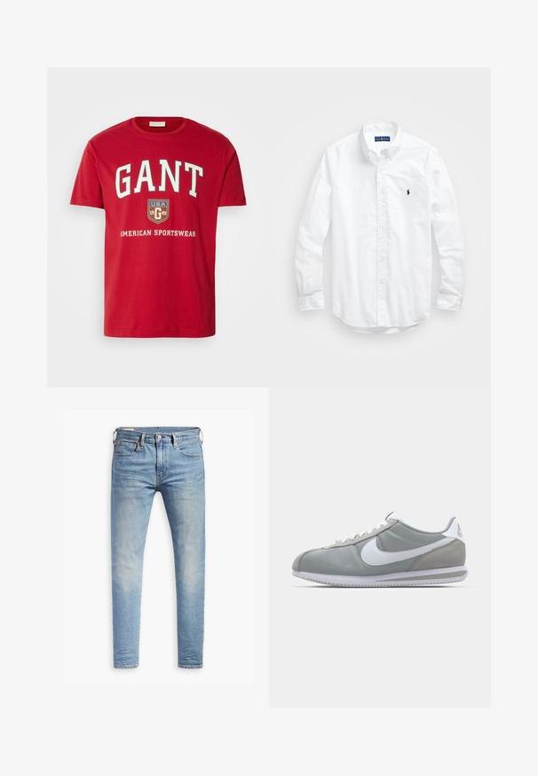 Rød bomulds t-shirt med fed hvid "GANT" logo, et skjold med "USA 1949" og teksten "AMERICAN SPORTSWEAR" nedenunder. Klassisk crew neck design.; Hvid langærmet skjorte i bomuld. Har en klassisk krave, knapmanchetter og et lille marineblåt broderet logo på brystet.; Lyseblå slim-fit jeans med let slid på lårene, frontlukning med knap, bæltestropper og fem lomme-design på en hvid baggrund.; Grå atletisk sko med overdækning i ruskind og tekstil, hvid Nike swoosh og hvide snørebånd. Har en struktureret gummisål og polstret krave.