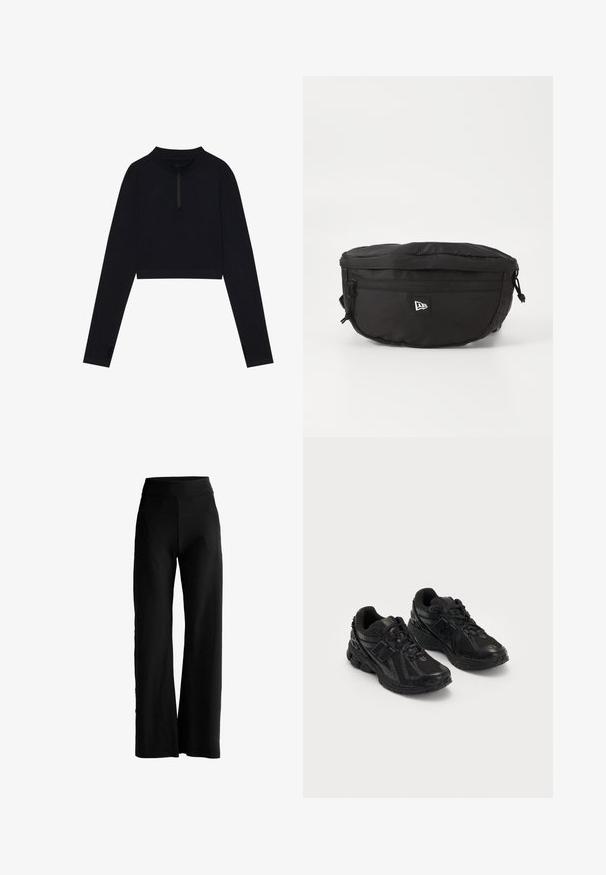 Schwarzes, kurz geschnittenes Langarmoberteil mit einem hohen Kragen und halbem Reißverschluss, mit Daumenlöchern in den Ärmeln und einer glatten Textur.; Schwarze weite Hosen mit hoher Taille, ohne sichtbare Taschen oder Verzierungen, auf einem weißen Hintergrund präsentiert.; Schwarze Sportschuhe aus Mesh- und synthetischen Materialien. Sie verfügen über eine gepolsterte Sohle, strukturierte Muster und geprägte Markenzeichen an der Seite.; Schwarze Bauchtasche aus Nylon; verfügt über eine vordere Reißverschlusstasche, einen verstellbaren Riemen und ein Logopatch. Rundliche Form mit glatter Textur.