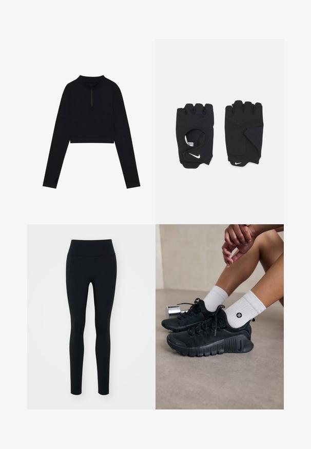 Schwarzes, kurz geschnittenes Langarmoberteil mit einem hohen Kragen und halbem Reißverschluss, mit Daumenlöchern in den Ärmeln und einer glatten Textur.; Schwarze Leggings aus dehnbarem Material mit hohem Bund. Glatte Textur, taillierte Passform und keine sichtbaren Verzierungen oder Muster.; Schwarze Sportschuhe aus strukturiertem Stoff, mit Schnürdesign und auffälliger Sohle, kombiniert mit weißen gerippten Socken, die ein kleines Logo tragen.; Schwarze fingerlose Handschuhe aus dehnbarem Material, mit einem offenen Handdesign, Griffakzenten und dem weißen Nike-Logo.
