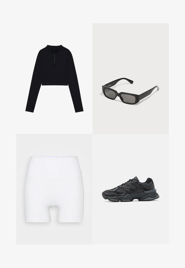Černý zkrácený top s dlouhým rukávem, vysokým límcem a polovičním zipem, se srdíčky pro palce na rukávech a hladkou texturou.; Bílé šortky s vysokým pasem vyrobené z elastického materiálu. Mají hladký povrch a přiléhavý střih, bez dalších vzorů či kovových prvků.; Černá běžecká bota s kombinací síťoviny a syntetických materiálů, masivní podešev, zakřivený design a výrazné logo na boku.; Černé obdélníkové sluneční brýle s šedými zabarvenými skly, vyrobené z hladkého plastu. Vyznačují se minimalistickým designem s rovnými nohami a jemným brandingem.