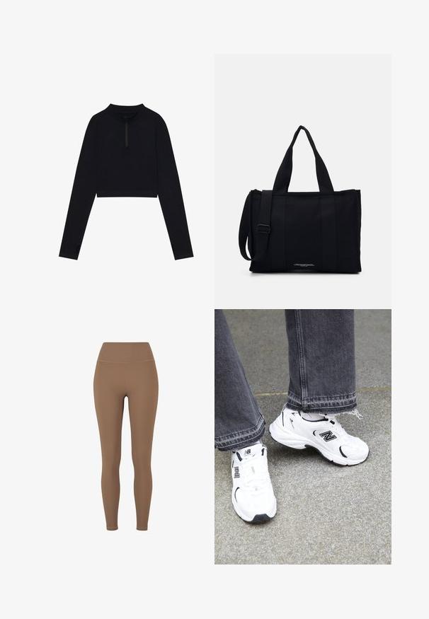 Svart cropped langermet topp med høy krage og halvmiddels glidelås, med tommelhull i ermene og en jevn tekstur.; Brune, ribbede tights med høy midje. Stoffet ser elastisk og glatt ut, med minimal søm og ingen synlige mønstre.; Hvite New Balance-sneakers har et mesh- og syntetisk overdel med svarte detaljer. Brukt sammen med grå jeans med frynset kant på en strukturert overflate.; Svart tote-bag laget av slitesterkt stoff. Har to korte håndtak og et langt justerbart stropp. Rektangulær form med minimalistisk design.