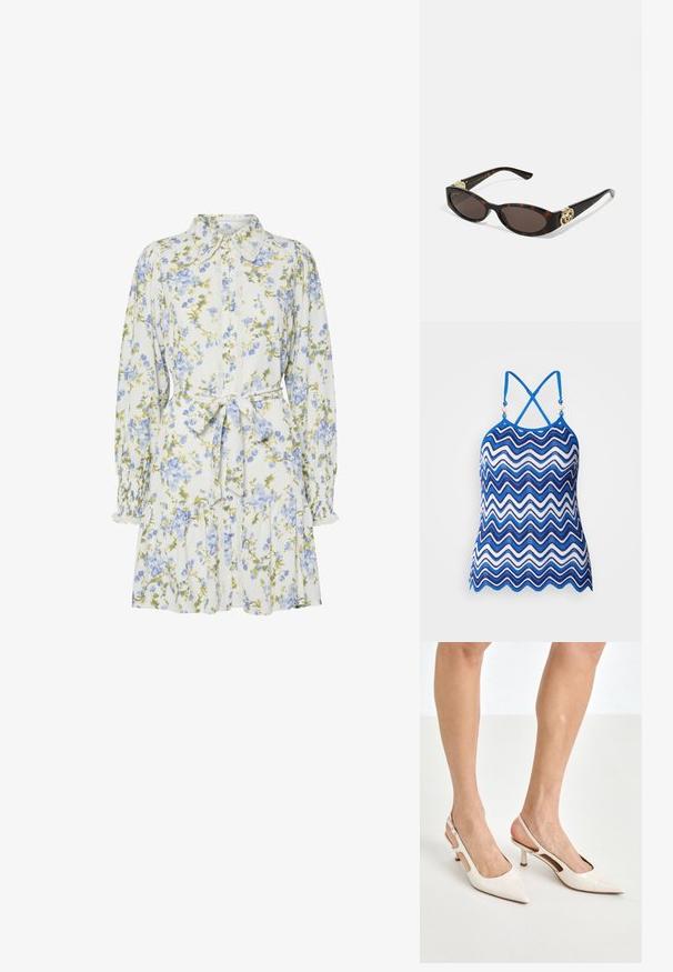 Blå og hvid zigzag-mønstrede halterneck-top med justerbare crisscross-stropper og dekorative perle-detaljer ved halsudskæringen. Åndbart hæklet materiale.; Blomsterkjole i hvid med blå og grønne blomster, med krave, knaplukning foran, lange ærmer med elastiske manchetter og et bånd i taljen.; Beige patenterede læder slingback hæle med spids tå og 5 cm hæl, med udskårne sider og en tynd ankelrem.; Skildpaddemønster solbriller med aflange ovale linser, brun farve, guldlogo accenter på stængerne og slanke sorte arme.; Perle- og krystalhalskæde med et rundt, perlekantet design i lyse nuancer, der præsenterer skiftevis perler og glitrende detaljer, båret om halsen.