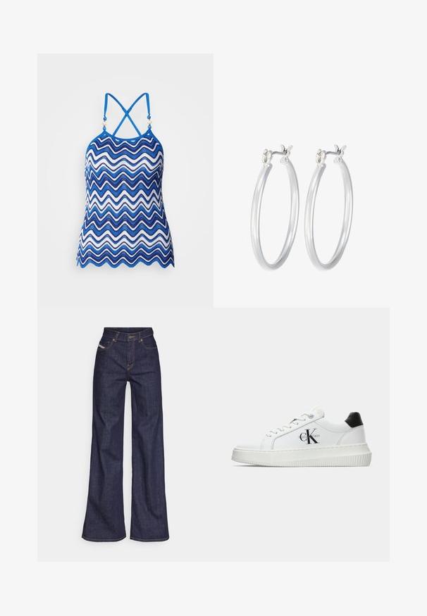Sininen ja valkoinen sahalaitakuviolla varustettu halterneck-toppi, jossa on säädettävät ristikkäiset hihnat ja koristeelliset helmiaksentit kaula-aukossa. Hengittävä virkattu materiaali.; Tummansiniset leveälahkeiset farkut denimmateriaalista, joissa on korkea vyötärö. Niissä on oranssit tikkaus, viisi taskua ja napitus.; Valkoiset matalat tennarit, joissa on musta kantapää, alustasolki, nauhat ja Calvin Kleinin "CK" logo sivuilla.; Hope-silver rengas, joissa on sileä ja kiillotettu pinta. Pyöreä muoto ja turvallinen napsautettava lukitus. Kevyt muotoilu sopii päivittäiseen käyttöön.