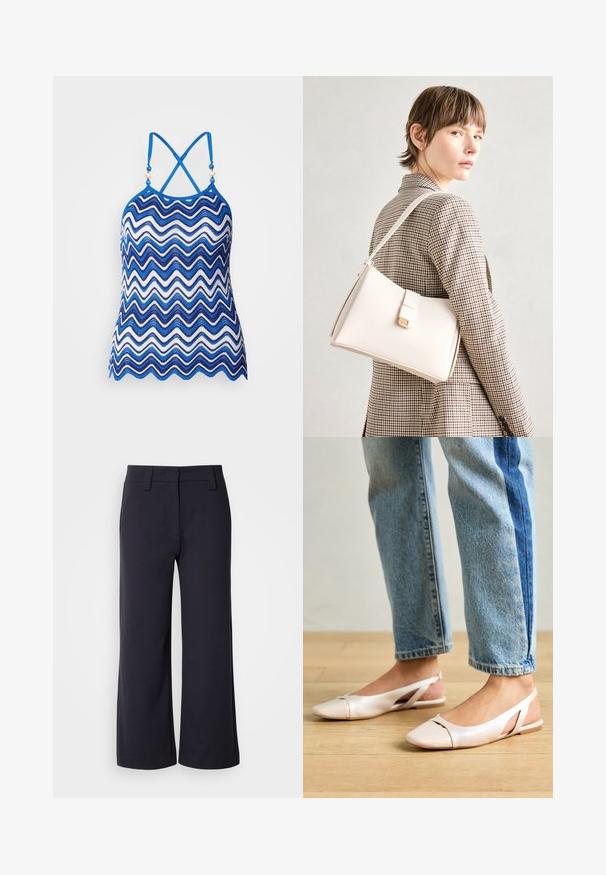 Blue and white zigzag-patterned halter top with adjustable crisscross straps and decorative bead accents at the neckline. Breathable crochet material.; Wide-leg trousers in dark navy fabric. Features a flat front, belt loops, and side pockets. The material is smooth with a slight stretch.; Pale pink slingback flats with a pointed toe, made from a smooth leather-like material. Features cut-out details at the sides and a flat heel.; White leather handbag with a structured design, featuring a magnetic clasp and a shoulder strap, showcased against a neutral background.