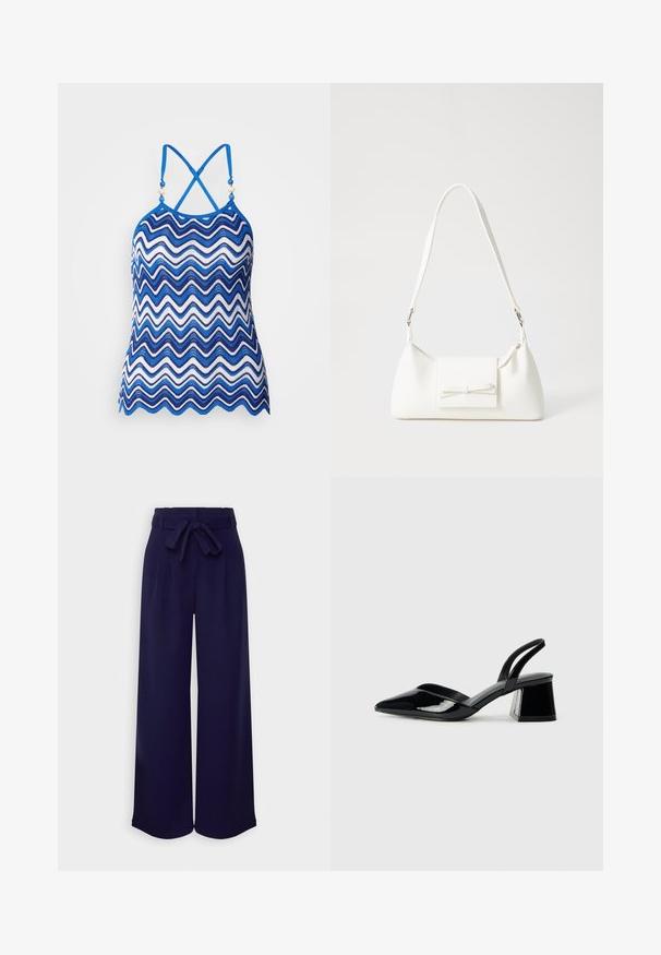 Top tipo halter de patrón en zigzag azul y blanco con tirantes ajustables entrelazados y acentos decorativos de cuentas en el escote. Material de ganchillo transpirable.; Anna Field Pantalones - dark blue; Zapatos de tacón slingback de charol negro con punta afilada y tacón geométrico en bloque. Presentan un diseño elegante y minimalista, así como una textura suave.; Bolso sintético blanco con forma triangular, tapa frontal plana y detalle de lazo, correa ajustable, textura suave y diseño minimalista.