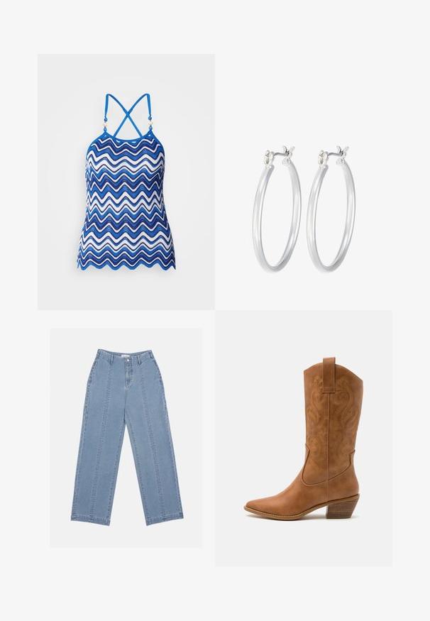 Blauw en witte zigzagpatroon haltertop met verstelbare crisscross-schouderbanden en decoratieve kraalaccenten bij de halslijn. Ademend haakwerk materiaal.; Lichtblauwe wijde jeans van denim. Heeft een hoge taille, knoopsluiting en zichtbare stiksels. Geen zakken zichtbaar aan de voorkant.; Tan leren cowboylaars met puntige neus, geborduurde spiraalpatronen op de schacht en een gestapelde blokhak. Voorzien van een trekband voor gemakkelijke aan- en uittrekken.; Zilveren oorbellen in de vorm van een gladde, gepolijste ring. Ronde vorm met een veilige kliksluiting. Lichtgewicht ontwerp, geschikt voor dagelijks gebruik.