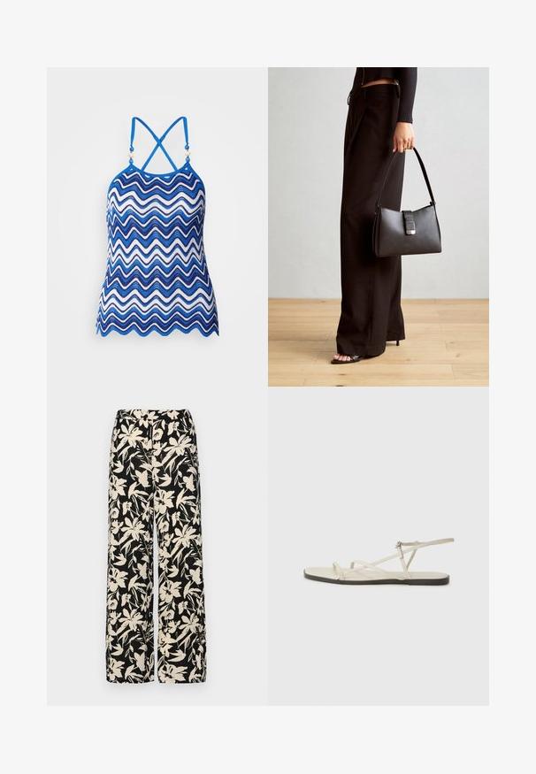 Top halter a zigzag blu e bianco con spalline incrociate regolabili e dettagli decorativi in perle sul collo. Materiale in crocheted traspirante.; Pantaloni larghi neri con un motivo floreale crema. Realizzati in tessuto leggero, con una texture liscia e una vita alta.; Sandal in beige piatta con multiple cinghie sottili e una fibbia regolabile. La suola è piatta con un leggero contrasto scuro lungo il bordo.; Borsa nera con forma strutturata, texture liscia e una chiusura metallica. Abbinata a pantaloni neri larghi e sandali open-toe su un pavimento in legno.