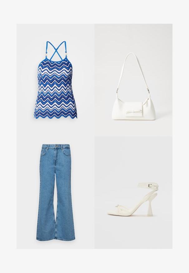Blue and white zigzag-patterned halter top with adjustable crisscross straps and decorative bead accents at the neckline. Breathable crochet material.; Light blue flared jeans made of denim, featuring a high waist, five pockets, and a single button closure. Soft texture with faded finish.; Strappy high-heeled sandal in white leather with a sleek design, a transparent block heel, and a decorative element at the toe.; White synthetic handbag with a triangular shape, flat front flap and bow detail, adjustable strap, smooth texture, and minimalistic design.