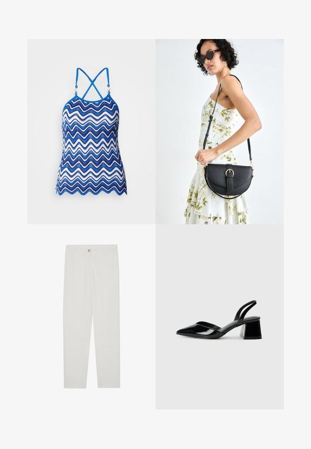Blå og hvid zigzag-mønstrede halterneck-top med justerbare crisscross-stropper og dekorative perle-detaljer ved halsudskæringen. Åndbart hæklet materiale.; Hvide, skrædderlavede bukser med lige ben design, udstyret med knaplukning, bæltesløjfer og sidelommer; glat stoftekstur.; Sorte patentlæder slingback hæle med spids tå og en geometrisk blok hæl. Har et elegant, minimalistisk design og en glat tekstur.; Sort læderhåndtaske med en buet form, aftagelig rem og guldfinish. Tasken har en klap med en spænde detalje.
