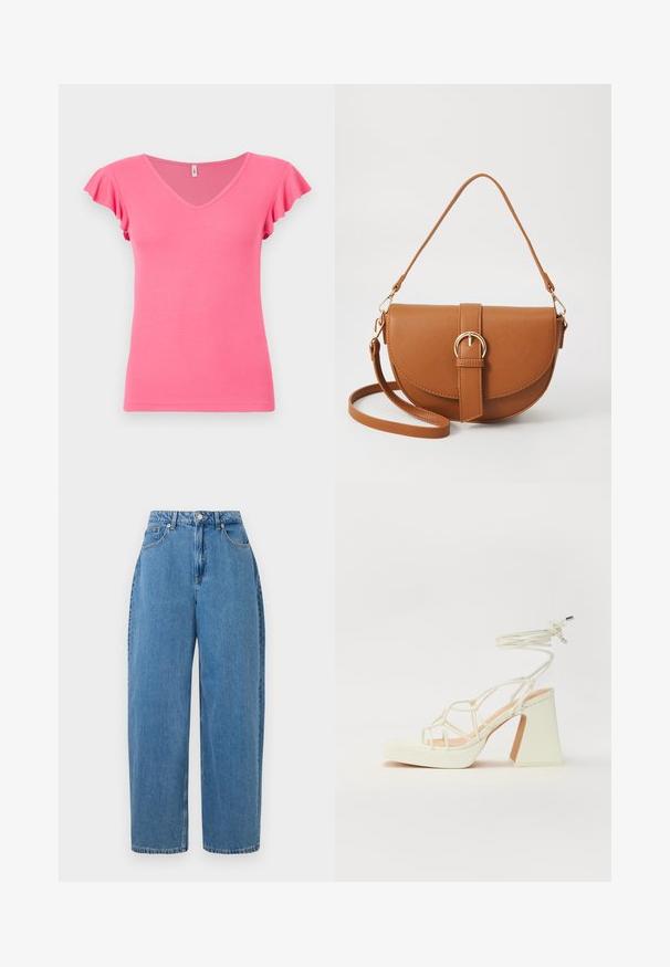 Roza rebrasta majica s kratkimi rokavi, oblikovana v obliko črke V in z nabranimi rokavi, ima oprijet kroj in gladko teksturo.; Svijetloplave traperice ravnog kroja, visokog struka i prednjim kopčanjem. Sadrže pet džepova i minimalne šavove.; Bela sandala na visokih petah s debelim petam, ki ima obliko trakcev in vezanje okoli gležnja. Gladka tekstura z platformo spredaj za dodatno višino.; Rjava usnjena torbica prek telesa s ukrivljeno obliko, zlate opreme in sponko. Ima odstranljiv naramni trak.