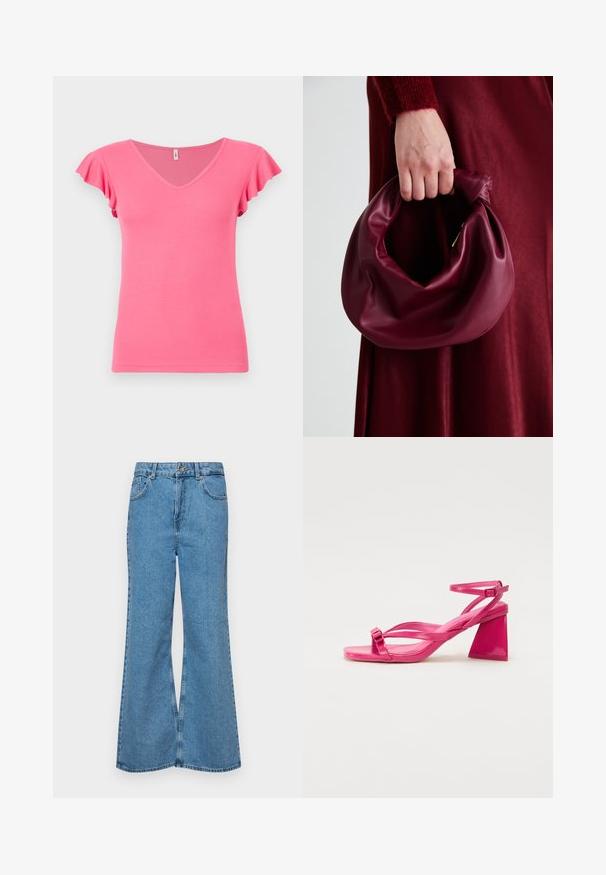 Roosa ribadega lühikeste varrukatega topp V-kaelusega ja volangvarrukatega, millel on keha lähedane lõige ja sile tekstuur.; Heledad sinine flared teksade rõivad, millel on kõrge talje, viis taskut ja üks nupulukk. Pehme tekstuur ja pleekinud viimistlus.; Roosa lakknahkiga kantavad sandaalid, millel on ruudukujuline varvas, kitsad rihmad ja geomeetriline plokk-kand. Rihmal on pandla detail.; Burgundia värvi nahk käekott, millel on pehme, kokku tõmmatav disain ja ümar kuju. Käepide on kindlalt kinnitatud, näidates siledaid pindu.