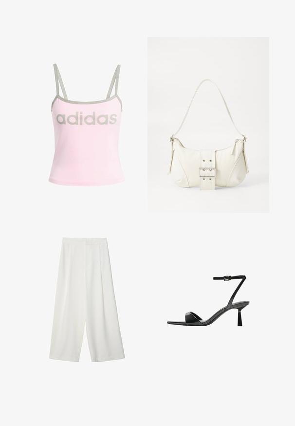 Svetlo roza top brez rokavov z sivo obrobo in nastavljivimi spaghetti naramnicami, ki ima velik, centriran sivi logotip "adidas". Material: bombaž.; Bele široke skrajšane hlače iz gladkega materiala, ki imajo ravno sprednjo stran in nimajo vidnih zapiral ali žepov.; Bershka Sandali z visoko peto - black; Bela torbica za rame z teksturirano površino, osrednjo sponko in ukrivljenim oblikovanjem. Zadrge na obeh straneh.