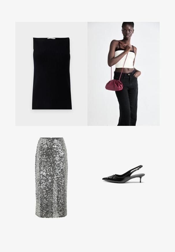 Top de alças preto com um decote reto e design sem mangas, apresentando uma textura suave e uma silhueta ajustada.; Saia lápis prateada com lantejoulas, design justo, comprimento até ao joelho e textura suave. Apresenta um fecho de correr oculto na parte de trás.; Sapatos de salto alto slingback em couro preto com bico fino, pequeno salto kitten e um detalhe decorativo em forma de nó na parte da frente. Textura suave em toda a parte.; Bolsa de tecido suave em borgonha com um design franzido e uma alça longa, usada à transversal. Modelo veste um top cropped branco e jeans pretos.