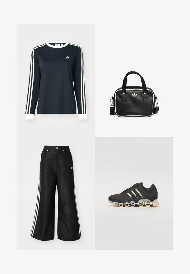 Black long-sleeve shirt with white accents, featuring a round neck and three white stripes on each sleeve. Small logo on the chest.; Black wide-leg denim pants with three white stripe accents on each side and a small white logo. Features front pockets and a button closure.; Black athletic shoe with a textured upper, three silver stripes, and a distinctive cushioning sole featuring multiple integrated sections.; Black leather handbag with two short handles, silver hardware, white accents, and a white logo. Features a textured surface and compact design.