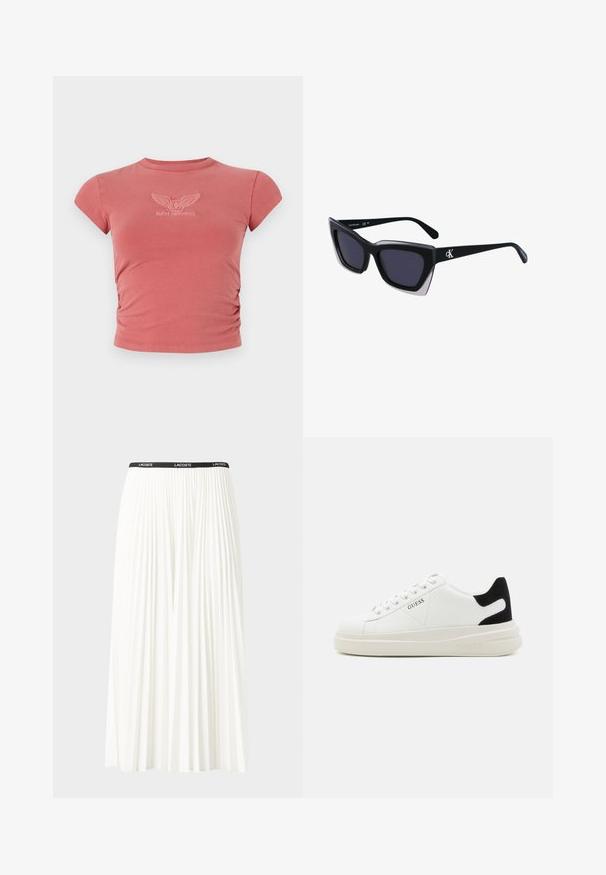 Rövidujjú, testhezálló póló por rózsaszínben, összegyűrt oldali részletekkel és fehér hímzett "GUESS ORIGINALS" logóval a mellkason.; Plisszírozott fehér szoknya fekete elasztikus derékkal, amelyen a "LACOSTE" logó található. Középhosszú kialakítás, puha tapintással.; Fehér bőr sportcipők vastag fehér talppal, fekete velúr sarokpikkelyel és dombornyomott logóval az oldalon. Fűzős kialakítás, hat fűzőlyukkal.; Fekete, nagyméretű napszemüveg geometrikus formával, sötét lencsékkel és kontrasztos szürke részlettel a kereten. Logó a szárán.