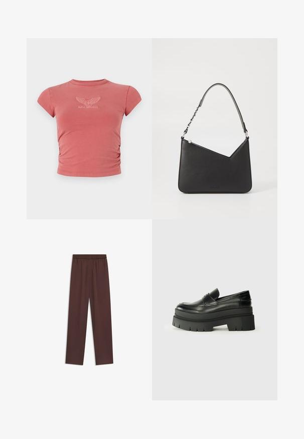 Kortärmad, figurnära t-shirt i dammros med rynkad sidodetalj och broderad "GUESS ORIGINALS"-logotyp i vitt på bröstet.; Mörkbruna raka byxor med elastiskt midjeband och subtil detalj med framseam mot en vit bakgrund.; Svarta läderskor med en tjock plattformssula. Rundad tå, detalj med söm framtill och diskreta sömnadsaccenter. Platt, texturerad yttersula.; Svart läderhandväska med triangulär form, en smal rem och silverfärgad hårdvara. Har dragkedjestängning och logotyp prägling på framsidan.
