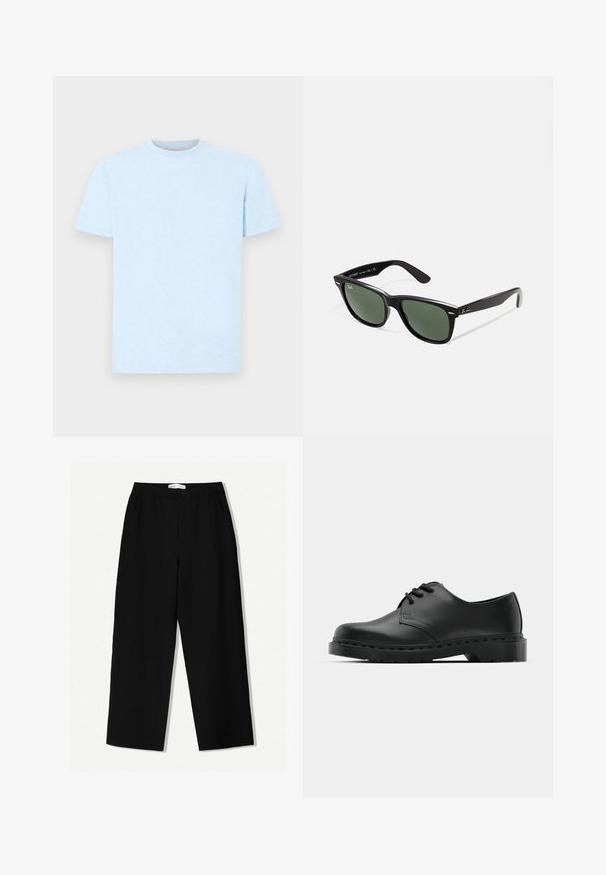 Tricou din bumbac de culoare albastru deschis, cu mâneci scurte și decolteu rotund. Țesătura are o textură subtilă, fără modele sau grafice vizibile.; Pantaloni negri cu croi larg, dintr-un material texturat, având un brâu elastic și buzunare laterale. Design simplu, minimalist, fără embellishments.; Shoe oxford din piele neagră, cu sistem de închidere cu șireturi, vârf rotunjit, talpă plată din cauciuc și detalii de cusătură subtile pe partea superioară.; Ochelari de soare din plastic negru cu lentile verzi, rame pătrate, accent argintiu pe sprânceană și brațe texturate. Marca este menționată pe brațul interior.