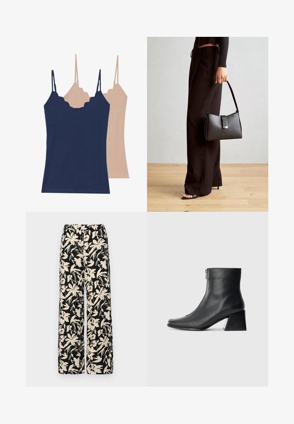 Két top sötétkék és világos bézs színben, puha anyagból készült, fodros szegéllyel és állítható pántokkal.; Fekete, bő szárú nadrág krém színű virágmintával. Könnyű anyagból készült, sima tapintású és magas derékrésszel rendelkezik.; Fekete bőr bokacsizma négyzetes orral, oldalsó cipzárral és tömbsarkal, egyszínű világos háttér előtt.; Fekete kézi táska strukturált formával, sima textúrával és fémből készült záródással. Széles fekete nadrággal és nyitott orrú szandállal párosítva, fából készült padlón.