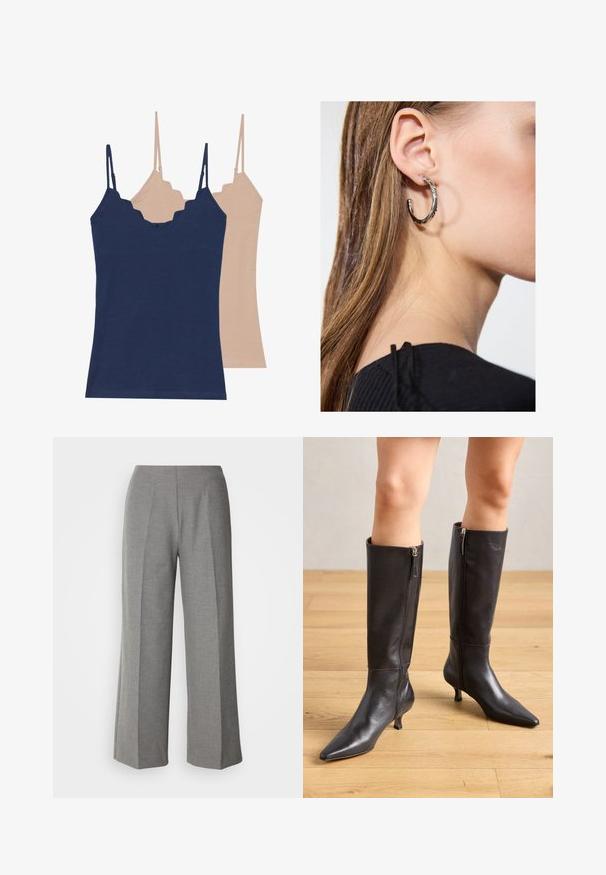 Divas krekliņi tumši zilā un gaiši bēšā krāsā, izgatavoti no mīksta auduma, ar viļņotām malām un regulējamiem siksnām.; Pelēki piegriezti platajiem biksēm ar gludu tekstūru, ar plakanu priekšpusi un asām krokām katrā kājā.; Melnas ādas līdz ceļgaliem zābaki ar izsmalcinātu purngalu un šahtu papēdi. Ir sānu rāvējslēdzēji vieglai uzvilkšanai. Gluda tekstūra un elegants dizains.; Sudraba auskars ar pulētu apdari, ar maziem zelta akcentiem un apaļu formu, uz ausu ļipiņas.