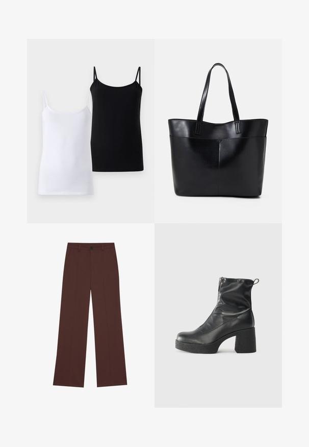 Două tricouri fără mâneci, unul alb și unul negru, fabricate din bumbac moale. Fiecare are bretele subțiri și un design simplu, neted.; Pantaloni evazați dintr-un material maro bogat. Au un sistem de închidere cu buton, două buzunare frontale, textură netedă și linii curate.; Bocanci negri de glezna din piele netedă, cu fermoar lateral, toc texturat și masiv, și design cu vârf rotund.; Geantă oversized din piele neagră, cu două mânere lungi, de textură netedă și formă structurată. Are un buzunar frontal pentru stocare suplimentară.