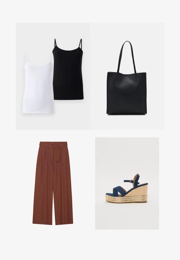 Kaksi toppeja, yksi valkoinen ja yksi musta, jotka on valmistettu pehmeästä puuvillasta. Molemmissa on ohutolkaimet ja yksinkertainen, sileä muotoilu.; Valkoiset housut ruskeasta kankaasta, jossa on vyö neliön muotoisella soljella, laskostettu muotoilu ja sileä pinta.; Tummansininen wedgesandaali, jossa on ristikkäiset hihnat, teksturoitu luonnonkuitupohja ja kultainen metallinen koriste pohjassa.; Mustapahkainen kangaskassi, jossa on sileä pinta, suorakaiteen muotoinen ja kaksi pitkää kahvaa. Ei näkyvää metalliosaa tai koristeita.