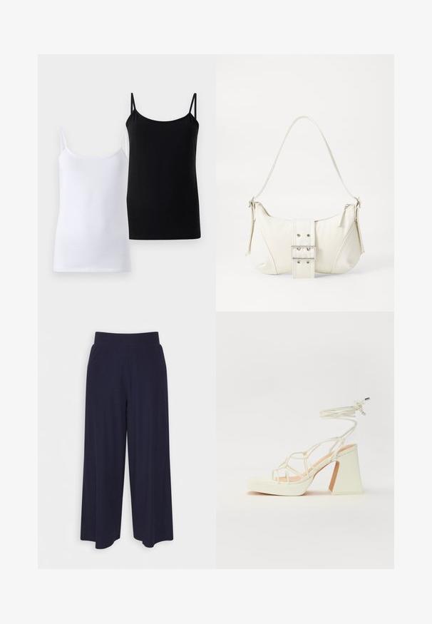 Due top, uno bianco e uno nero, realizzati in morbido cotone. Ognuno presenta spalline sottili e un design semplice e liscio.; Pantaloni a gamba larga in tessuto navy scuro con una texture a coste. Presentano una vita liscia e una silhouette fluida, che arriva a metà polpaccio.; Sandalo bianco con tacco alto, caratterizzato da un design a cinturini e un legaccio alla caviglia. Texture liscia con una piattaforma frontale per un'altezza aggiuntiva.; Borsa a spalla bianca con una finitura testurizzata, un accentuato fermaglio centrale e una forma curva. Chiusure a cerniera su entrambi i lati.