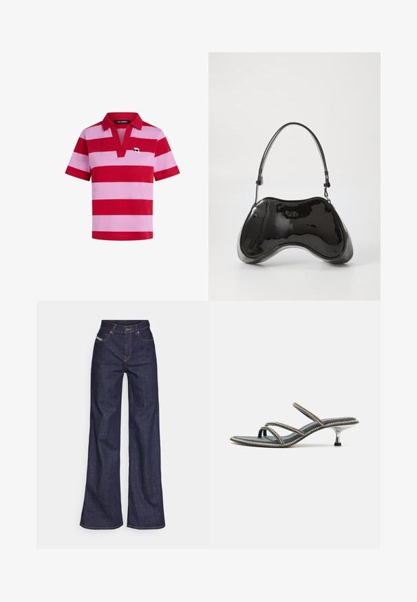 Czerwona i różowa polo w paski z kołnierzykiem, krótkimi rękawami i dekoracyjnym wzorem logo na lewej stronie klatki piersiowej.; Ciemnoniebieskie dżinsy szerokie w nogawkach wykonane z denimu, z wysokim stanem, z pomarańczowymi przeszyciami, pięcioma kieszeniami i zapięciem na guzik.; Damskie sandały denimowe z trzema cienkimi paskami ozdobionymi kryształkami, spiczastym noskiem i metalowym obcasem w stylu szpilki. Posiadają antypoślizgową podeszwę.; Czarna torebka z lakierowanej skóry o unikalnym, zakrzywionym kształcie, z krótkim, regulowanym uchwytem i zamkiem błyskawicznym na górze. Gładka tekstura z delikatnym logo.