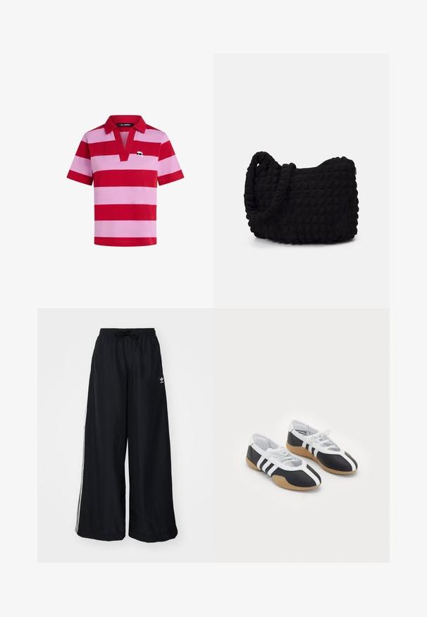 Rdeče in roza črtasta polo majica s ovratnikom, kratkimi rokavi in dekorativnim logotipom na levem prsnem predelu.; Črne široke hlače iz lahkega blaga. Imajo elastičen pas z vrvico in bele stranske črte. Logotip blagovne znamke na boku.; Črne in bele športne copate s sleek oblikovanjem, gumijastim podplatom, zapenjanjem na vezalke in tremi belimi črkami ob straneh.; Črn platneno torba z strukturiranim, quilted vzorcem. Okrogla oblika, kratki, debeli ročaji in mehak, fleksibilen konstrukt.