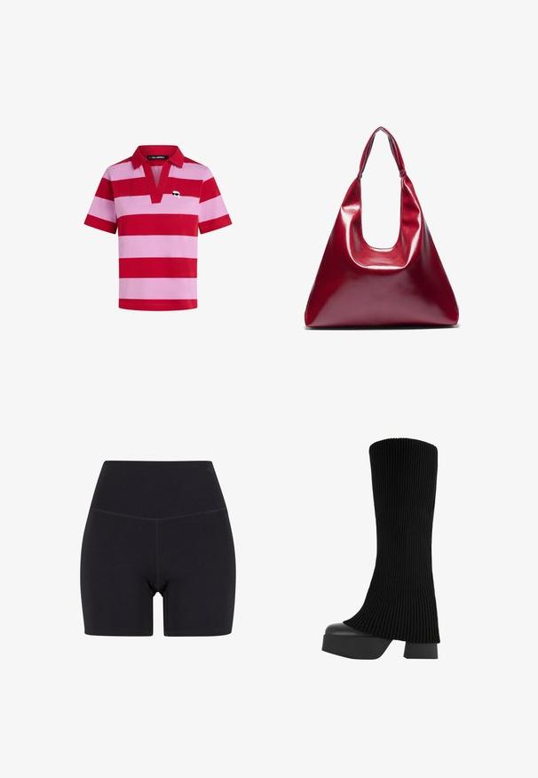 Punainen ja vaaleanpunainen raidallinen t-paita, jossa on kaulus, lyhyet hihat ja koristeellinen logo vasemmalla rintataskualueella.; Mustat korkeavyötäröiset shortsit, jotka on valmistettu joustavasta kankaasta. Ominaisuuksiin kuuluvat joustava vyötärö, sileä pinta ja polven ylle ulottuva pituus saumatonta muotoilua.; Musta polvipitkä saapas, jossa on ribbikuvioitu kangasosa, paksu alusta ja blokki korko, joka on varustettu sileällä pinnalla ja tyylikkäällä, modernilla muotoilulla.; Punainen kiiltävä nahkakäsilaukku, jossa on kolmiomainen muoto, leveä yläaukko ja yksi kaareva kahva. Tasainen pinta, jossa on minimaalinen ommeltyyli.