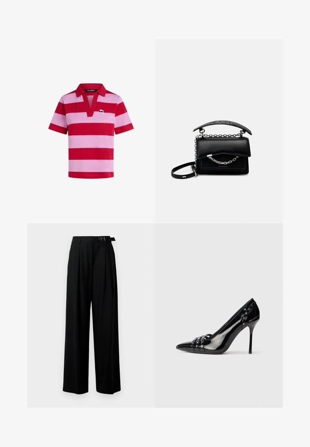 Rdeče in roza črtasta polo majica s ovratnikom, kratkimi rokavi in dekorativnim logotipom na levem prsnem predelu.; Črne široke hlače z visokim pasom, gubami spredaj in pasom z zaponko. Narejene so iz gladkega, lahkega materiala.; Črne patentirane usnjene stiletto pete z izostrenim nosom, tremi dekorativnimi pasovi s studenci in blagovno znamko "Karl Lagerfeld" na peti.; Črna usnjena torbica s strukturirano zasnovo, poudarki iz verige in ročaji ter teksturirana površina. Ima pokrov z vidno blagovno znamko.