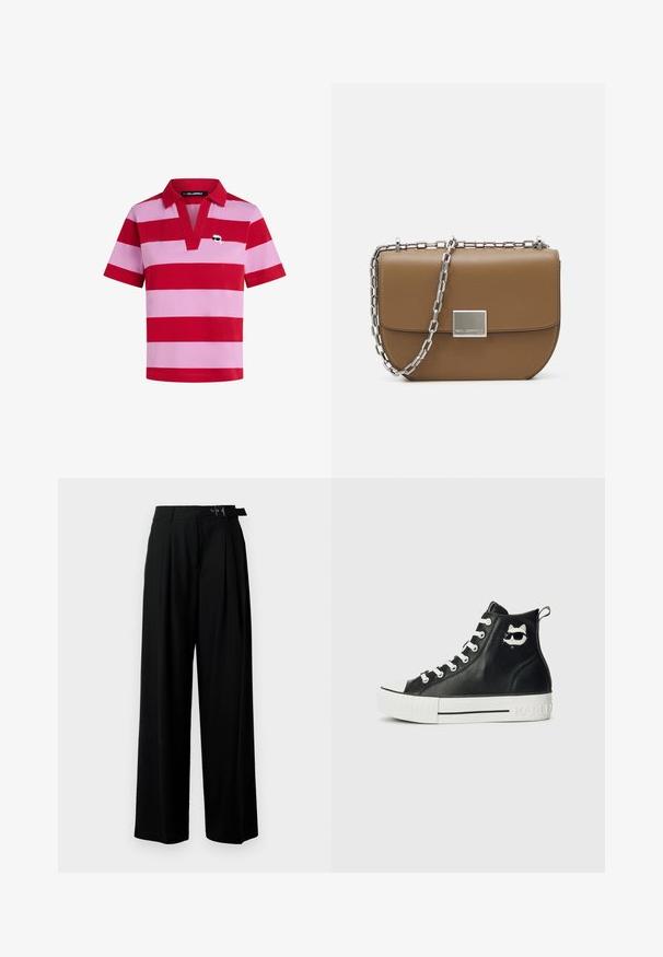 Pruhovaná polo košile v červené a růžové barvě s límečkem, krátkými rukávy a dekorativním logem na levé části hrudi.; Černé široké kalhoty s vysokým pasem, záhyby vpředu a páskem s přezkou. Vyrobené z hladké, lehké tkaniny.; Černé kožené vysoké tenisky s bílou gumovou podrážkou, na vnější straně s grafickým motivem kočky v slunečních brýlích.; Hnědá kožená kabelka přes rameno s zakřiveným tvarem, stříbrný řetězový popruh a čtvercový kovový uzávěr detail na přední straně.