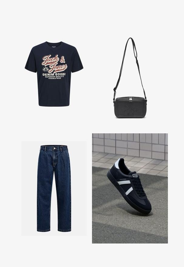 Tumed sinine puuvillane T-särk ümmarguse kaelusega. Esiküljel on julged valged ja punased kirjutised: "Jack & Jones", "DENIM GOODS" ning täiendavad fraasid.; Tumed sinine denimiteksad sirge lõikega. Omavad nähtavat tikandit, nuppe sulgemiseks ning ees olevaid voldikesi lisadetailiks.; Must have musta sneaker musta valgete triipudega, tekstuurne kummitald ja nööridega esiosa. Omab bränditud märki keele peal.; Musternast mustriga nahast ristiõlgadega kott, millel on tõmbluku sulgemine, esiküljel on sissepressitud logo ja reguleeritav rihm. Sile tekstuur ja ristkülikukujuline kuju.