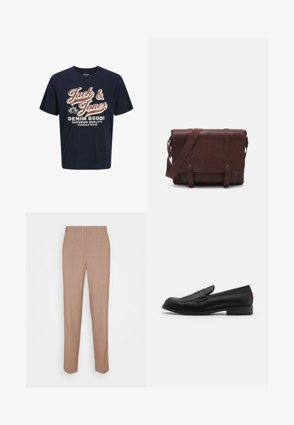 Tamno plava pamučna majica s okruglim izrezom. Sadrži podebljani bijeli i crveni tekst: "Jack & Jones", "DENIM GOODS", i dodatne fraze.; Bež krojene hlače od glatkog, teksturiranog tkanja. Pravi kroj s pojasom i bez vidljivih ukrasa ili džepova.; Crne kožne mokasine s glatkom površinom, zaobljenim vrhom i malim dekorativnim preklopom. Imaju nisku složenu petu i suptilni detalj s brandom.; Smeđa kožna torba za messenger s ravnim prednjim poklopcem, dva remena, zlatnim hardverskim detaljima i podesivim remenom za rame.