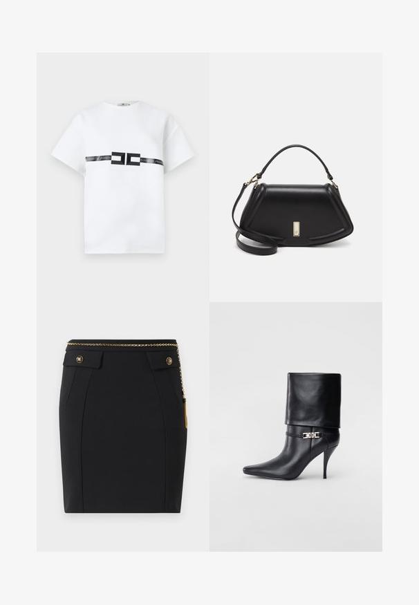 White short-sleeve t-shirt made of cotton, featuring a central black logo band with the text "ELISABETTA FRANCHI" and geometric accents.; Black fitted skirt with front flap pockets, gold decorative buttons, and a thin gold chain belt with a tassel on the right side.; Black leather ankle boot with a pointed toe, high stiletto heel, fold-over cuff, and a gold decorative buckle detail on the ankle.; Black leather handbag with a structured design, featuring a cropped shape, top handle, and gold hardware accent. Adjustable shoulder strap included.