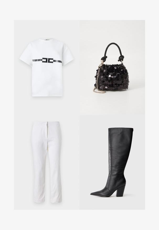 Valge lühikeste varrukatega t-särk, mis on valmistatud puuvillast, keskosas musta logo ribaga, millel on tekst "ELISABETTA FRANCHI" ja geomeetrilised aktsendid.; Valged puuvillased püksid sirge lõikega, keskmise kõrgusega vöökoht ja ilma nähtavate detailide või mustriteta. Ühtlane sile tekstuur.; Mustad musta nahkasaapad, millel on terav nina ja paks kõrge konts, esitatud vasakult külje profiilis valgel taustal.; Must have mustrõngus mustal sädelev mini käekotil on sõlme tekstuuriga rihm ja hõbedane ketis. Ümar kuju, kokku kogutud ülaosa ja peegeldav detail.
