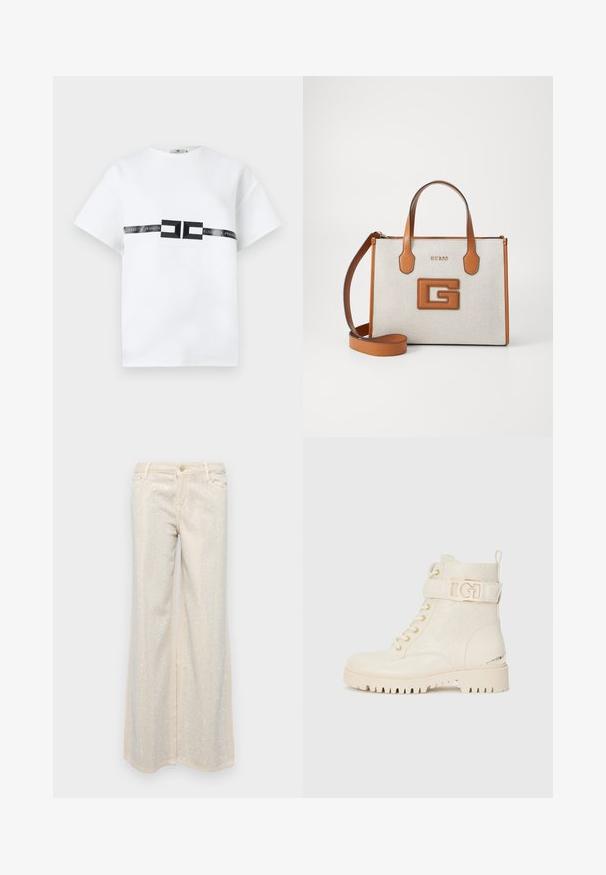 Hvid kortærmet T-shirt lavet af bomuld, med et centralt sort logo-bånd med teksten "ELISABETTA FRANCHI" og geometriske accenter.; Beige brede bukser med en glat tekstur, der har metaliske sølvfarvede pailletter arrangeret i et mønster hen over fronten og bagsiden.; Hvide ankelstøvler med blomsterpræget design, snørebåndslukning, sidelås med et guld logo og en robust sål for bedre greb.; Brun og beige håndtaske med logo, struktureret stof, to håndtag og aftagelig skulderrem. Har guld skrift og et distinkt G emblem.