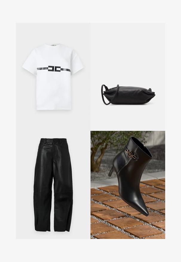Valge lühikeste varrukatega t-särk, mis on valmistatud puuvillast, keskosas musta logo ribaga, millel on tekst "ELISABETTA FRANCHI" ja geomeetrilised aktsendid.; Mustad nahkpüksid, millel on lõtva istuvus, sirge jalgade disain, esikotid ja nähtavad õmblusdetailid.; Mustadast nahast pahkluu saapad terava nina ja väikese kontsaga. Rikkalikult kaunistatud kuldne kett pahkluu ümber. Ümbritsetud tekstuurse kivi pinnaga.; Musthave musta nahkklamber, millel on ristkülikukujuline kuju, sile tekstuur, õhuke õlavarre rihm ja minimalistlik disain.