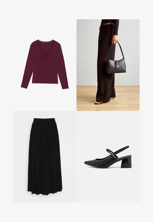 T-shirt de mangas longas, em azul bordeaux profundo, com decote em V e acabamento em rendinha preta, apresentando detalhes franzidos no centro da parte frontal. Textura suave, ajuste casual.; saia preta plissada com uma cintura alta e elástica. Feita de um tecido macio, com plissados verticais que criam uma silhueta fluida.; Sabrinas de cerâmica preta com salto bloco, bico apontado e um design com recortes arredondados. Apresenta um detalhe em fivela de tom dourado.; Bolsa preta com forma estruturada, textura suave e um fecho metálico. Combinada com calças largas pretas e sandálias de salto aberto sobre um chão de madeira.